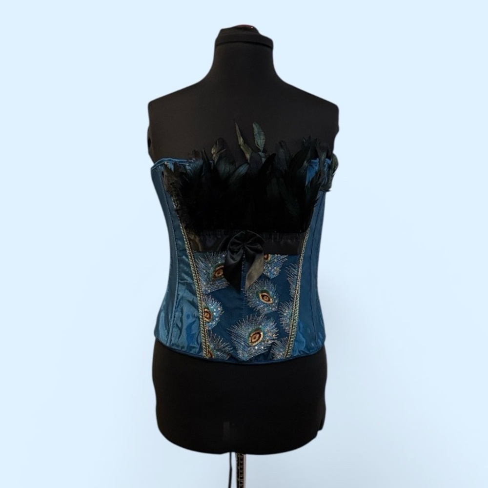 Teal Peacock Feather Bustier Corset with Black Feather Trim XL